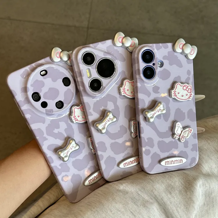 欧克里里银灰豹纹kt蝴蝶结适用苹果16手机壳华为P70oppo小米vivo