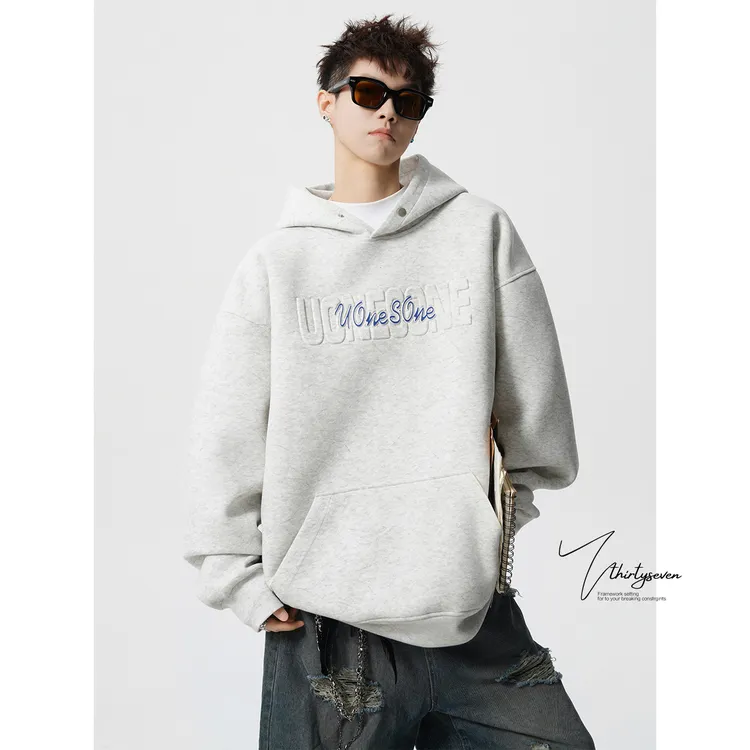 V37潮牌复古慵懒风情侣卫衣外套男秋季美式重磅钢印设计感连帽衫