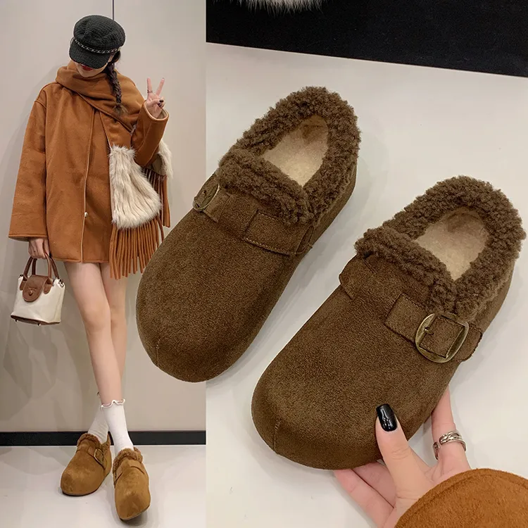 厚底加绒豆豆勃肯鞋女2025新款秋冬季一脚蹬乐福棉鞋子保暖雪地棉