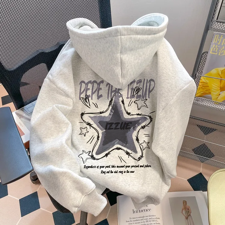 特大码2-300斤欧美ins潮流星星设计连帽卫衣男女秋冬加绒加厚外套