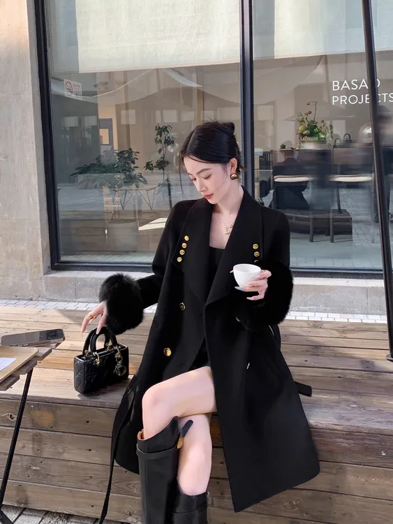 狐狸毛圈袖口羊毛大衣白鸭绒羽绒服西装外套加绒加厚韩版宽西服