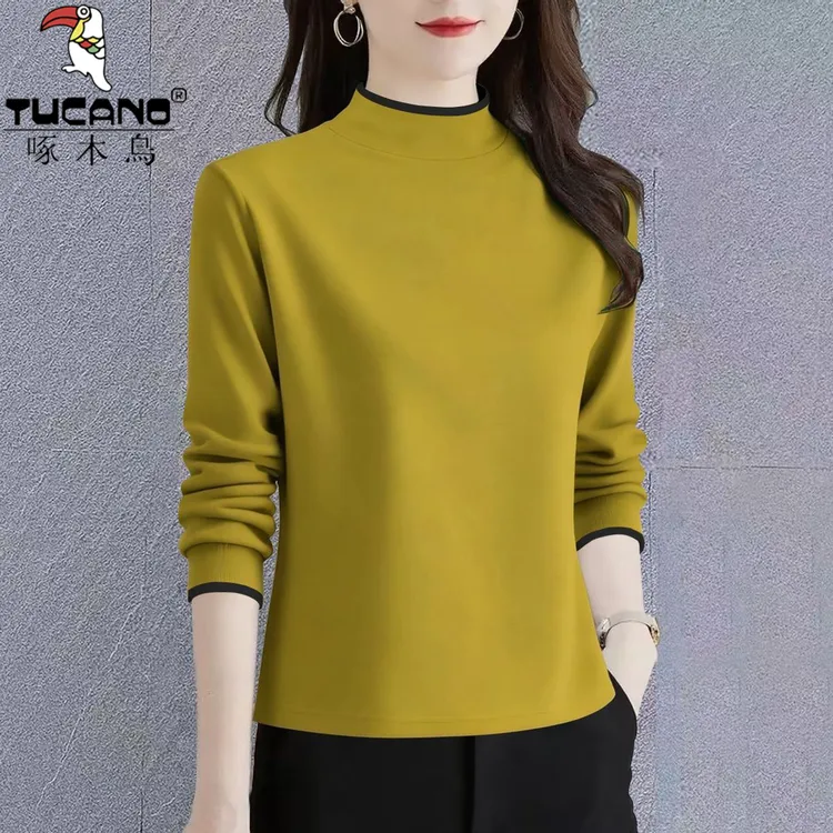 啄木鸟中老年打底印花秋冬加厚双面德绒修身遮肚女士保暖长袖上衣