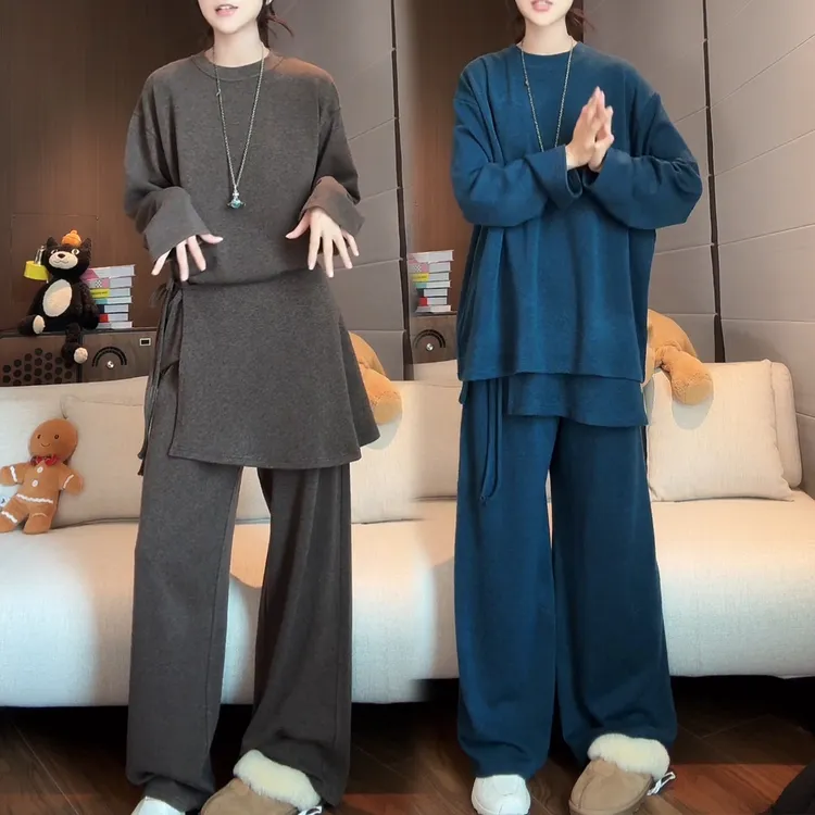 设计感系带屁帘时尚2025秋冬新款简约风圆领上衣女直筒长裤三件套