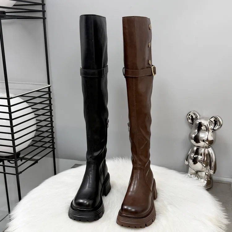 时尚过膝靴女长靴2025新款靴子秋冬加绒复古骑士靴厚底增高长筒靴