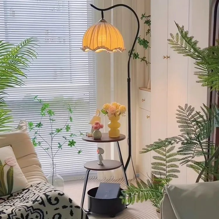 简约复古落地灯置物架床头柜一体美式客厅沙发边几卧室床头氛围灯