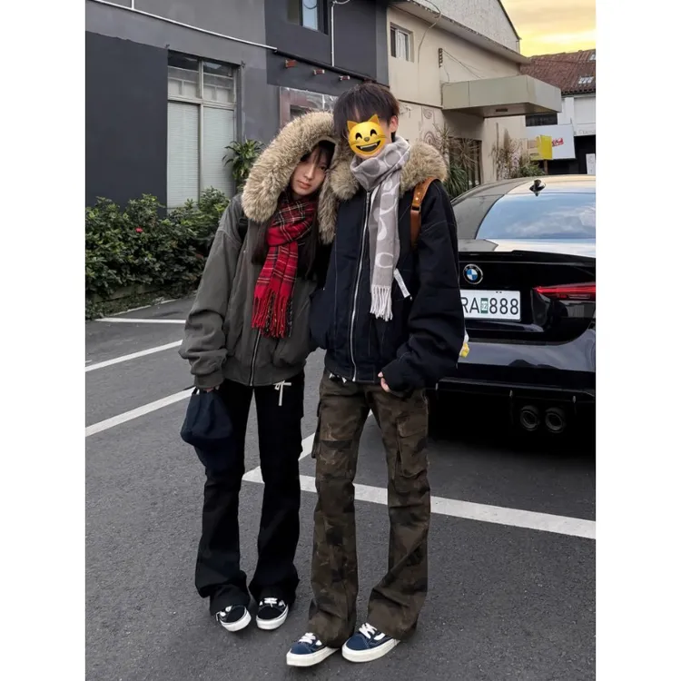 座山雕大毛领棉服男款冬季加厚保暖连帽情侣外套美式短款派克棉衣