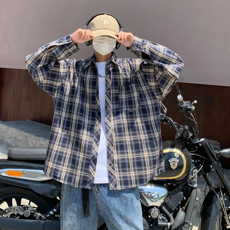 格子长袖衬衫男秋季日系复古美式潮牌设计感小众宽松休闲衬衣短袖