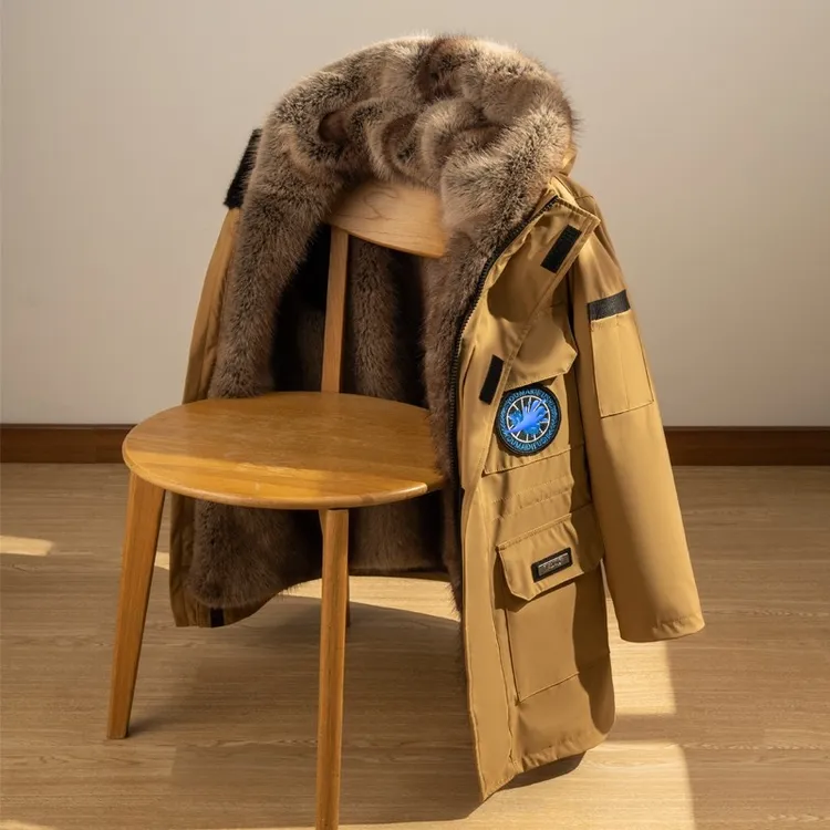 派克服棉衣男款冬季加绒加厚貂可拆卸内胆皮毛一体外套中长款棉袄
