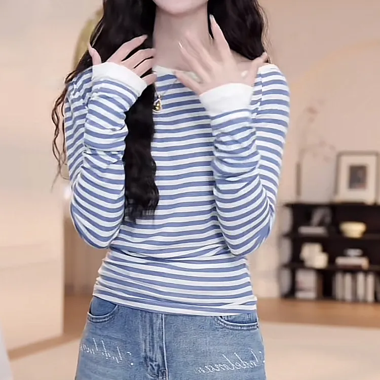 春夏百搭斜肩字母条纹长袖T恤上衣8021