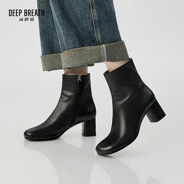 DEEP BREATH深呼吸女鞋质感圆头高跟牛皮侧拉链短靴高跟靴AX15249