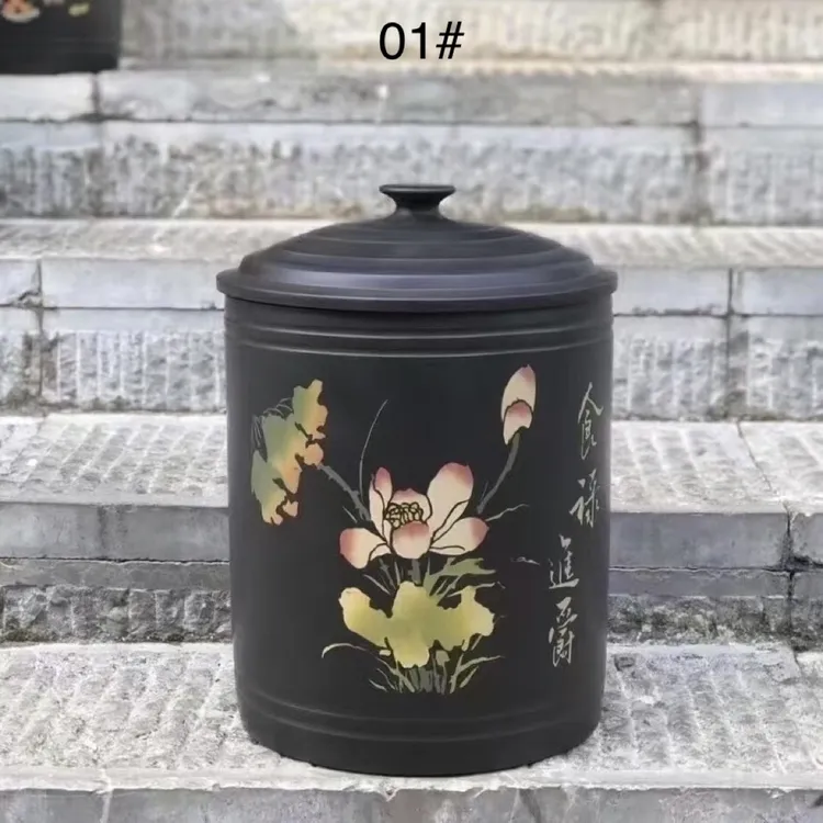 建水紫陶复古风茶叶罐九饼缸茶缸密封防潮可储存大米