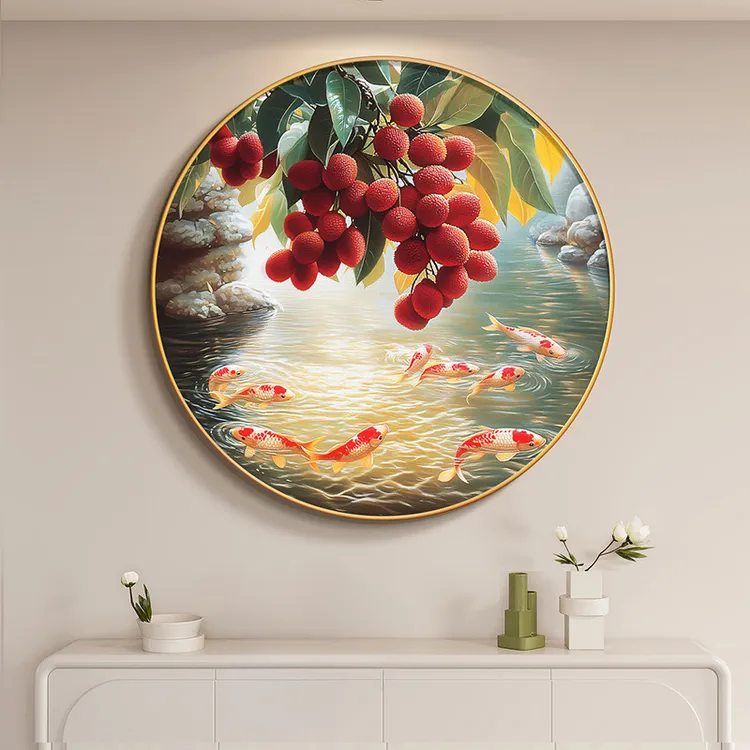 客厅新款进门正对门玄关心想事橙圆形挂画新中式卧室床头墙装饰画