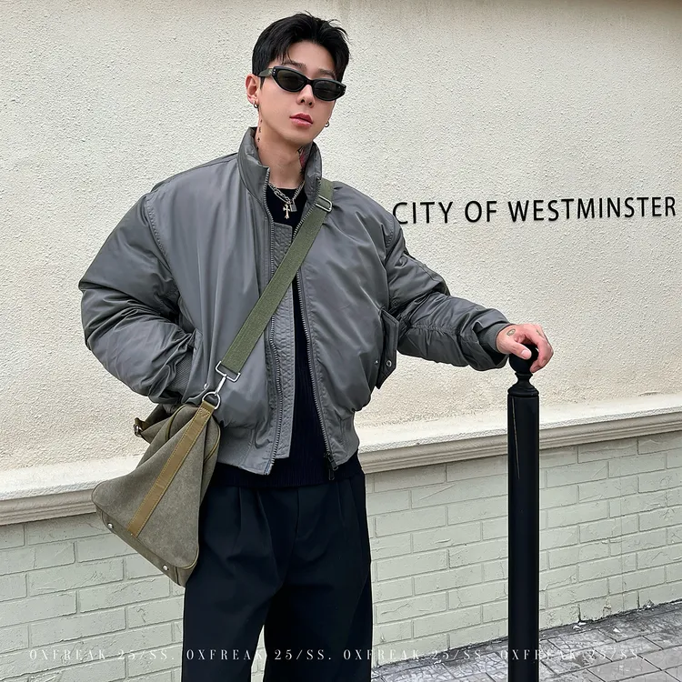 OXFREAK「缎面感 格雷灰」bomber飞行棉服男冬季加厚宽松MA1外套