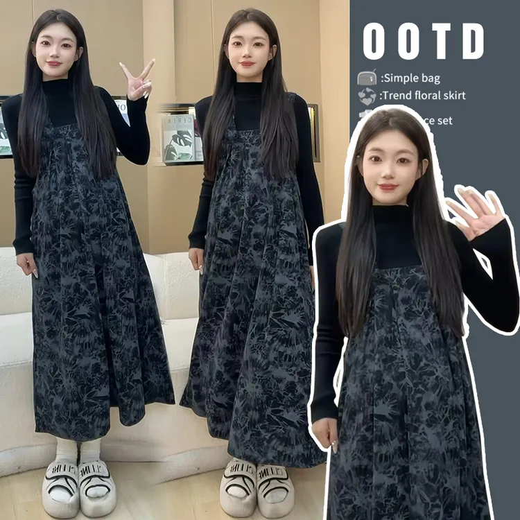 【苏遇婉】2025秋冬新款洋气孕妇装打底衫扎染背带连衣孕妇连衣裙