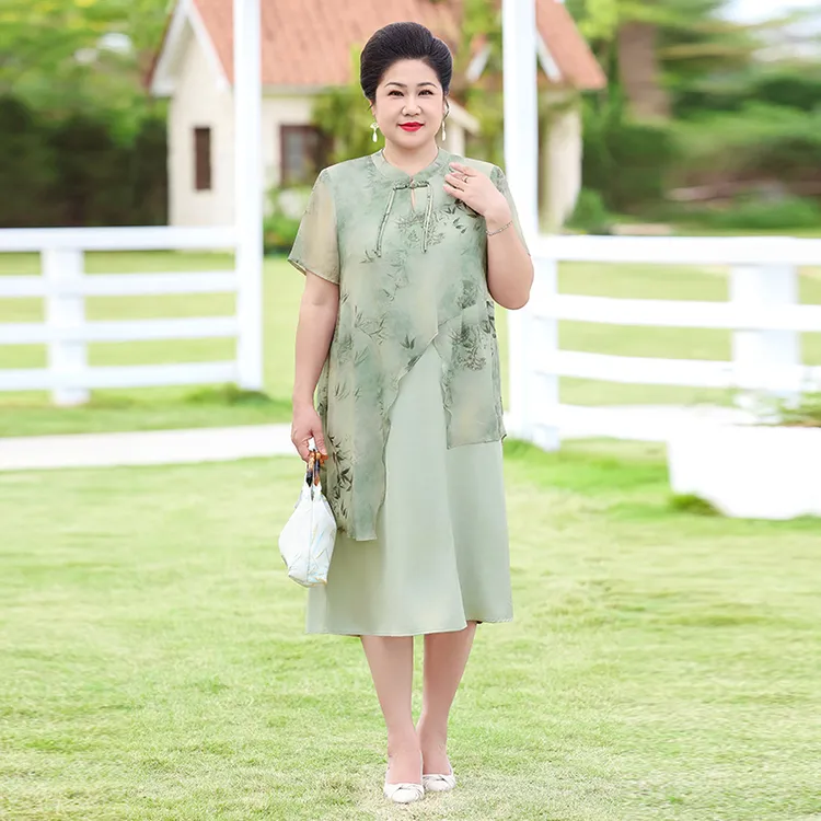 菲姐胖妈妈大码女装新款连衣裙夏雪纺阔太太气质装高档遮肚子裙子