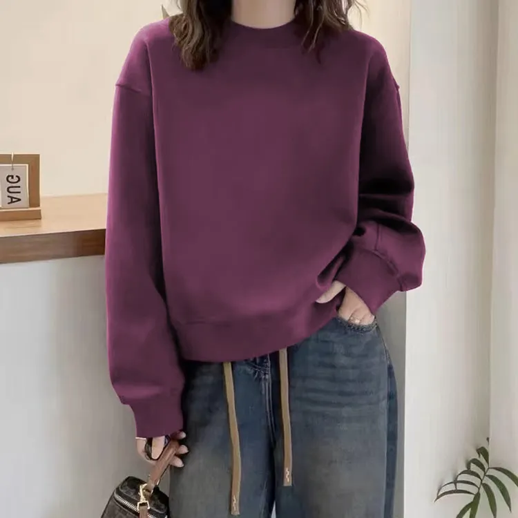 圆领套头打底衫加绒加厚卫衣女2025春秋季新款宽松韩版潮情侣外套
