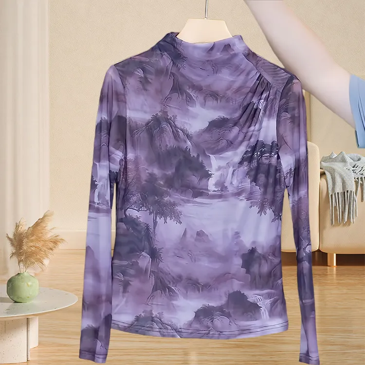 紫色气质慵懒风打底小衫春秋新款时髦弹力网纱轻奢长袖t恤女内搭