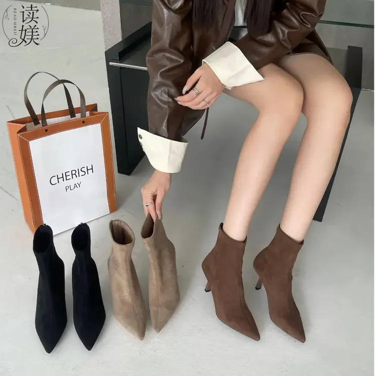 高跟尖头棕色绒面瘦瘦靴短靴女鞋2025新款秋冬季加绒法式小踝靴子