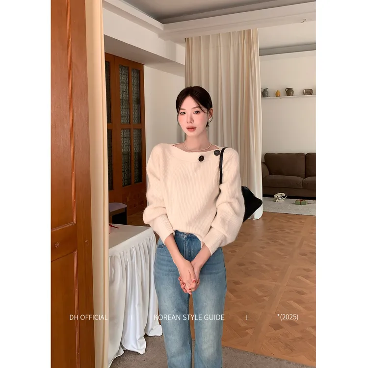 DH 大花【雪绒白巧 Snow】韩系温柔羊驼毛一字肩纽扣套头宽松上衣