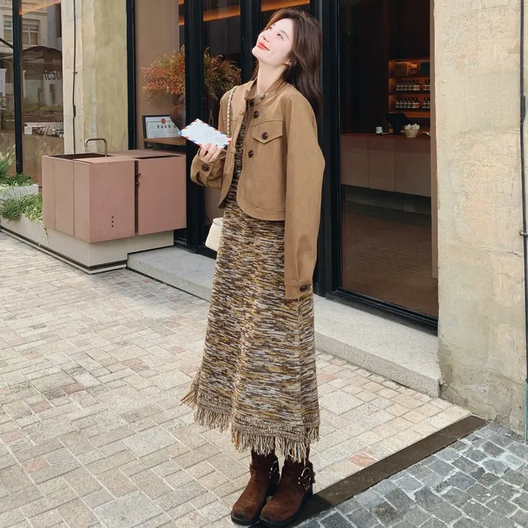 美拉德外套洋装套装女开 春穿搭一整套高级感气质吊带长裙两件套