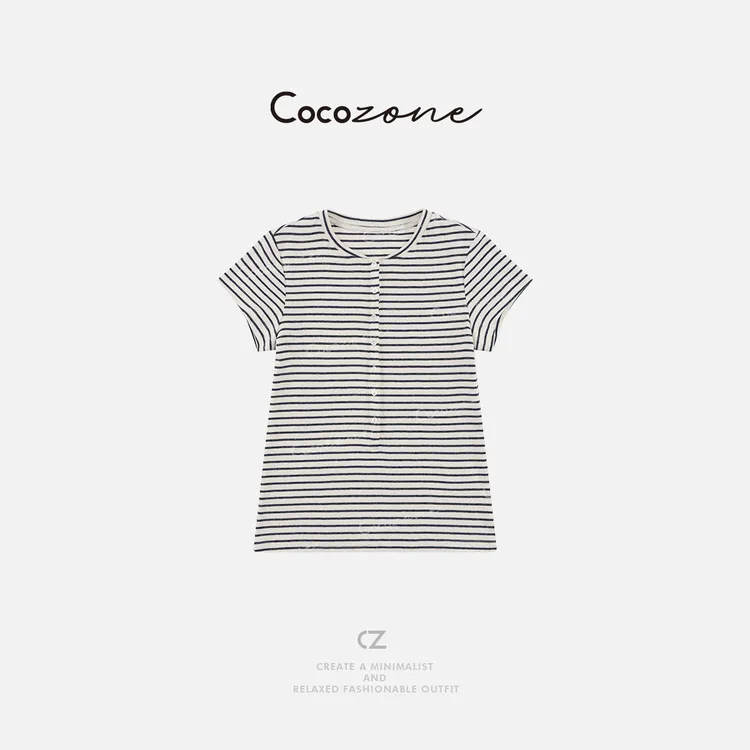 COCO ZONE 刘一一【棉莱赛尔混纺】条纹纽扣半开领短T恤CD1A0657