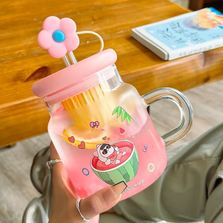 吨咚把手玻璃杯带粗吸管少女心大容量可爱家用耐热网红学生水杯