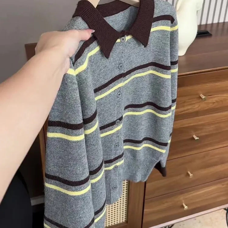 2026韩系翻领撞色条纹休闲洋气针织衫百搭显瘦减龄开衫上衣G9-45
