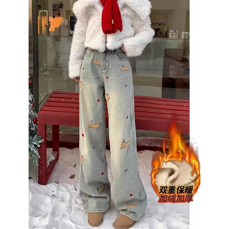 浅蓝色圣诞小狗刺绣牛仔裤女2025秋冬大码胖mm腿粗显瘦窄版阔腿裤