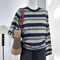 飞飞家~定制色纱！！品牌连锁~撞色条纹设计#毛衣显瘦女T125藏青