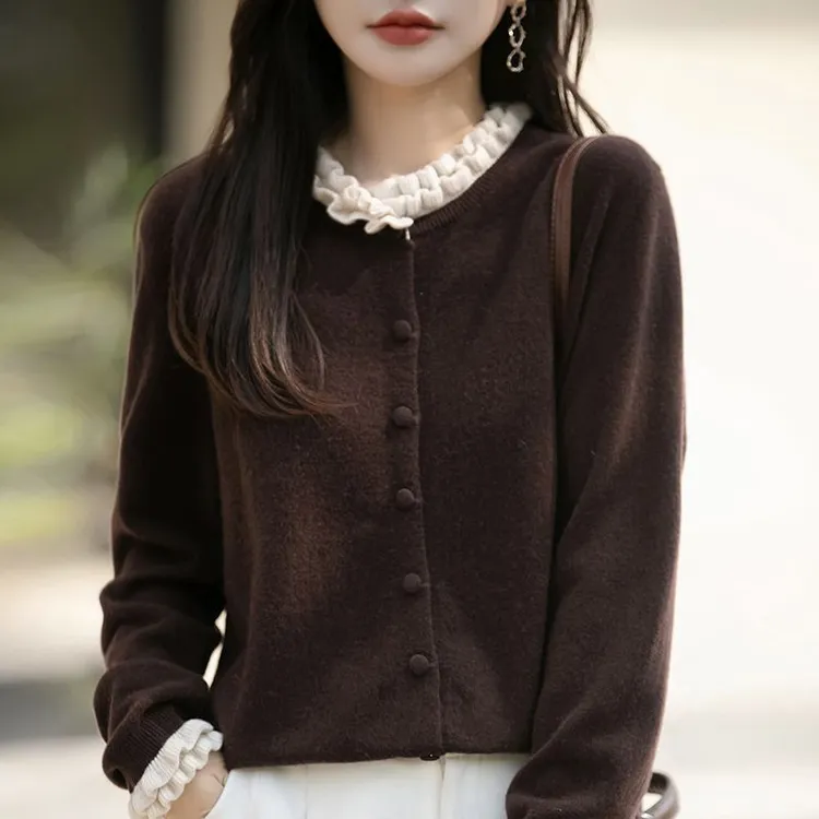 正品撤柜剪标羊毛衫木耳花边针织衫开衫秋冬新款气质减龄外套上衣