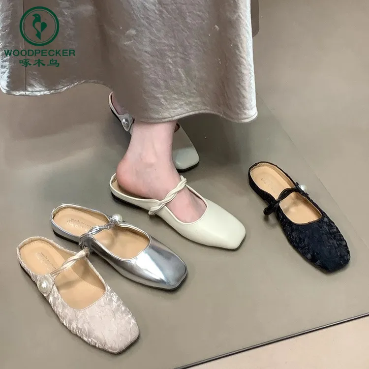 啄木鸟平底气质包头半拖鞋女外穿2025新款仙女风玛丽珍半拖鞋