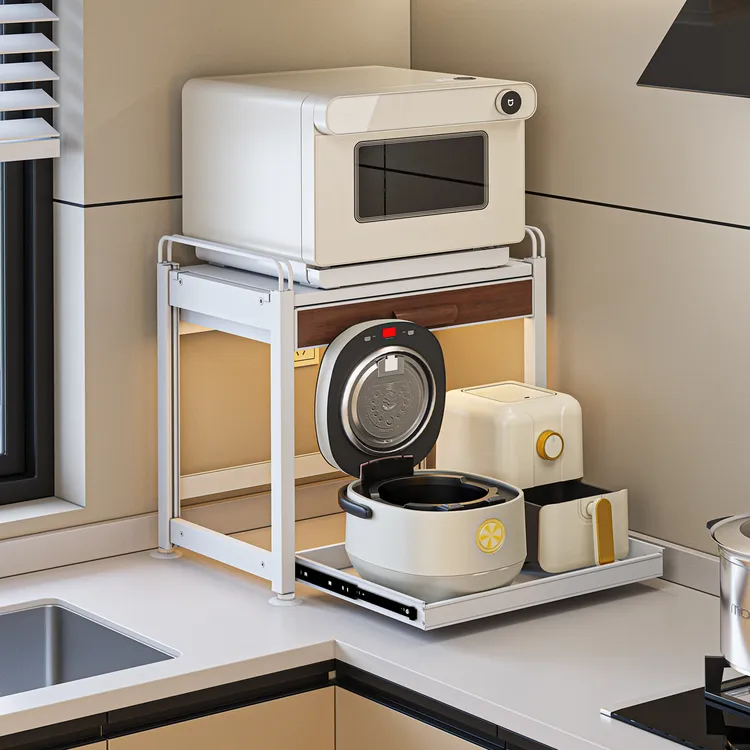 厨房微波炉置物架可抽拉家用电饭锅一体架子灶台多功能烤箱收纳架