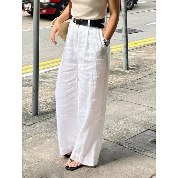 GIOIO白色薄款棉麻休闲裤女夏季宽松阔腿亚麻长裤高腰直筒防晒
