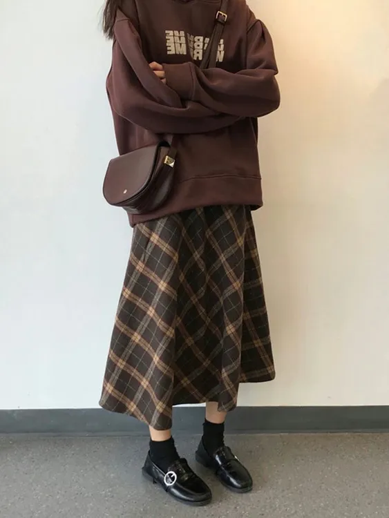 加大码胖mm港风复古半身裙女新款秋冬宽松显瘦毛呢a字裙子百搭潮t