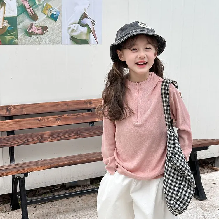儿童韩版休闲毛衣2025秋季新款女童纯色拉链连帽针织衫宝宝外套潮