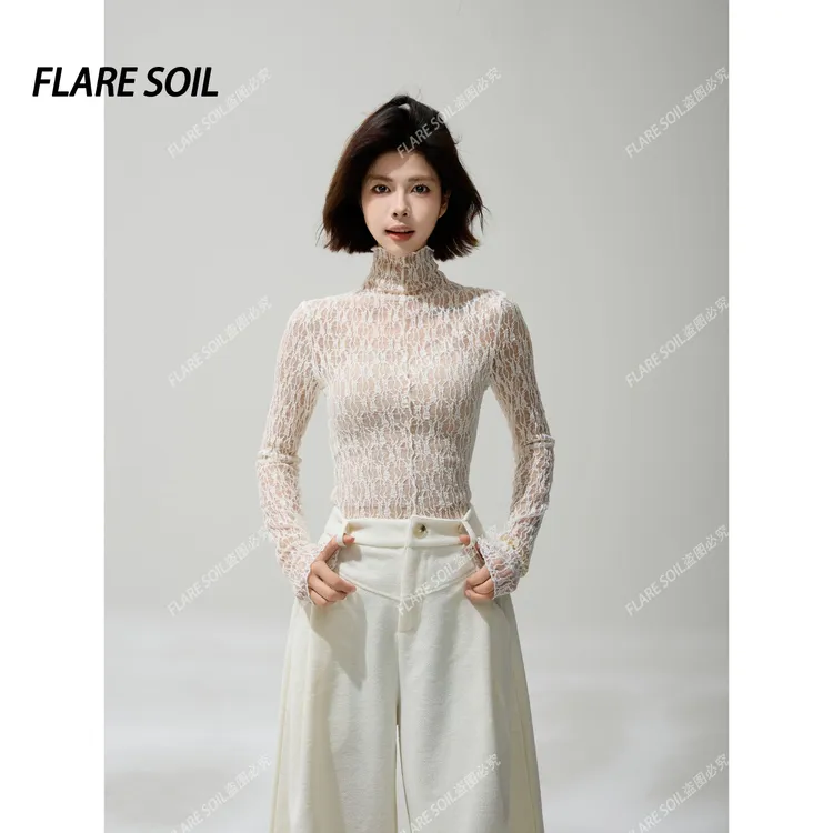 【FLARE SOIL】高领蕾丝罩衫打底长款韩系极简穿搭 T40213A