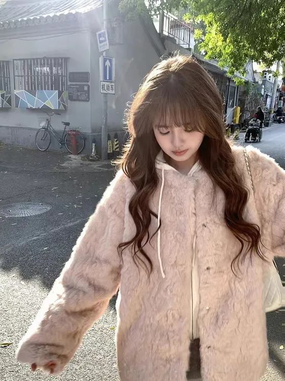 粉色糯叽叽小湖羊皮毛一体圆领羊羔毛环保皮草保暖毛毛外套女冬季