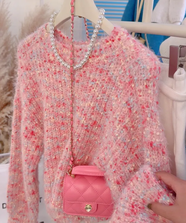 秋冬彩虹软糯亲肤针织毛衣女甜美温柔彩点慵懒风宽松时尚百搭上衣