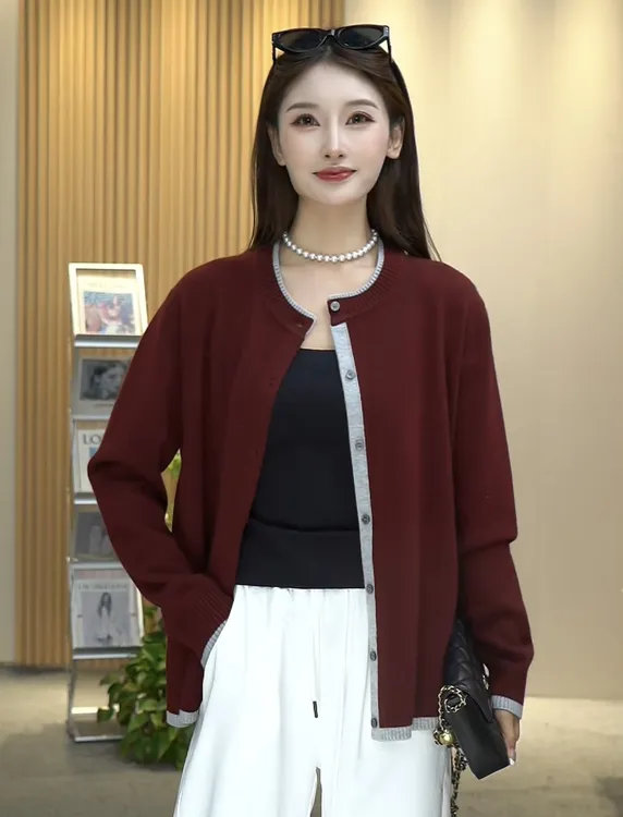 【Y&Q】秋季新撞色双层领外套气质百搭宽松显瘦针织小香风羊毛开衫