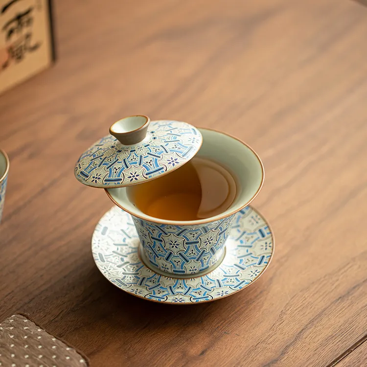 国潮主人杯青花繁花三才盖碗陶瓷茶具马蹄盖碗茶具配件