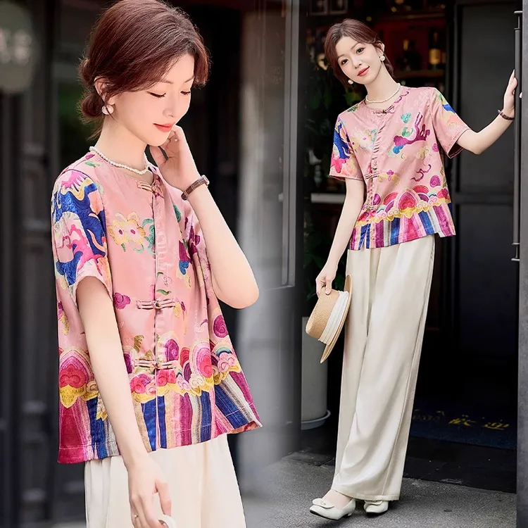 新中式印花套装女2025夏季新款轻奢高级感短袖缎面阔腿裤子两件套