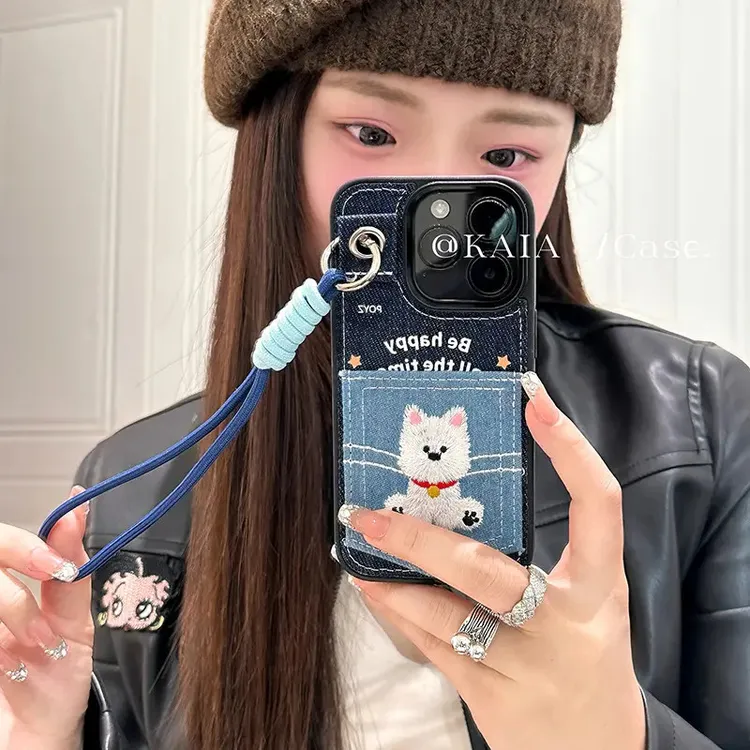 卡通牛仔刺绣西高地小狗卡包适用苹果17promax手机壳iphone12