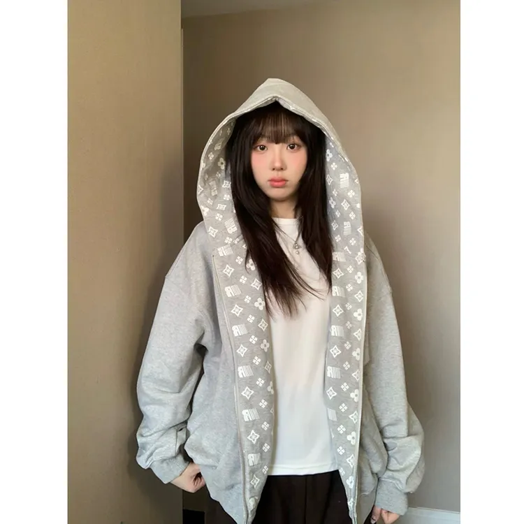美式复古灰色开衫连帽卫衣外套女秋季韩系慵懒风oversize情侣上衣