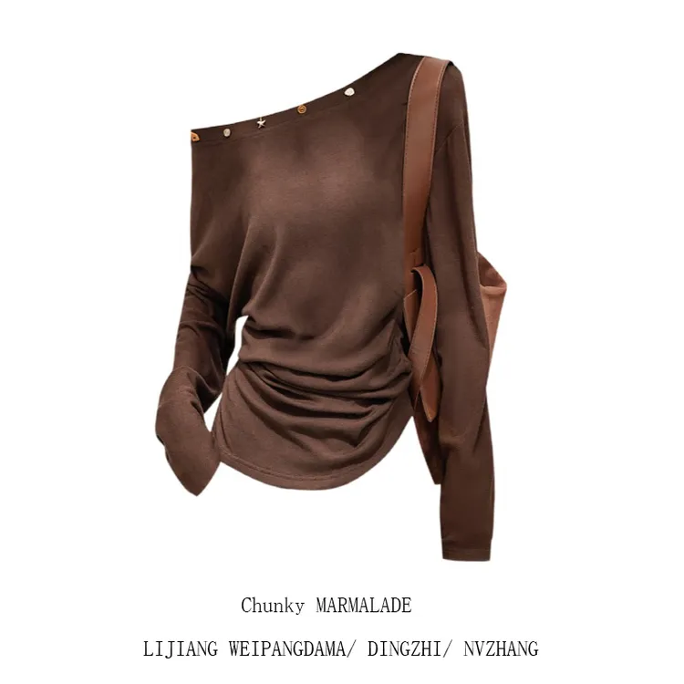 大码辣妹斜肩设计感宽松长袖T恤女2025秋季小众别致显瘦露肩上衣