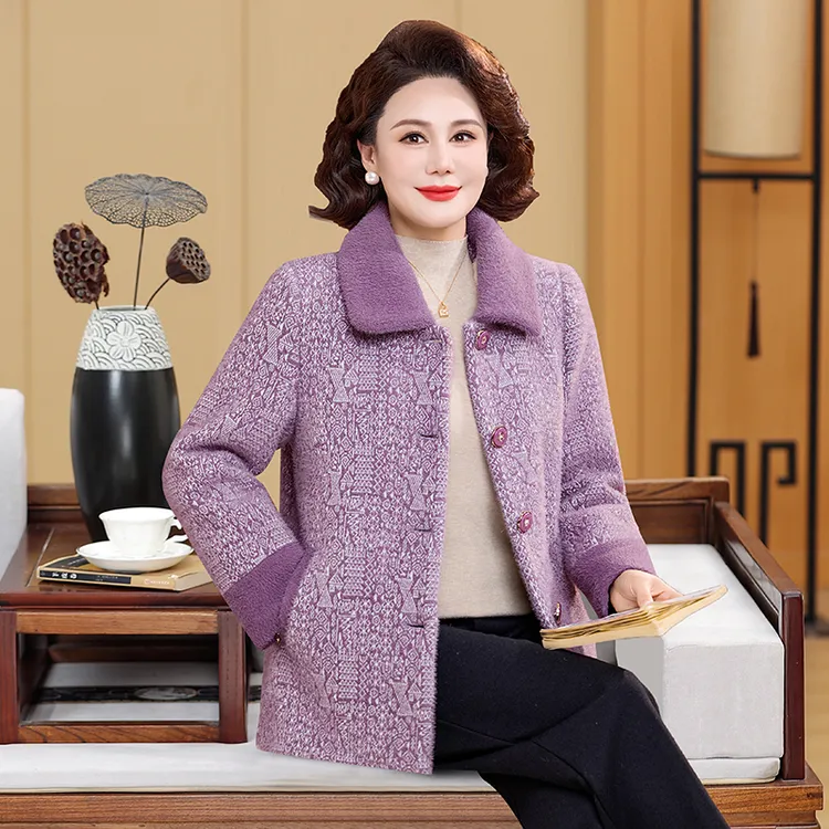 冬季中老年人妈妈装高档洋气保暖外套加绒加厚棉衣时尚毛呢外套