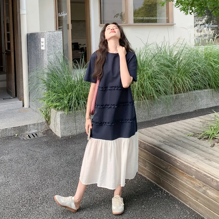 韩系chic别致连衣裙女夏2025新款流行超好看木耳边拼接休闲T恤裙