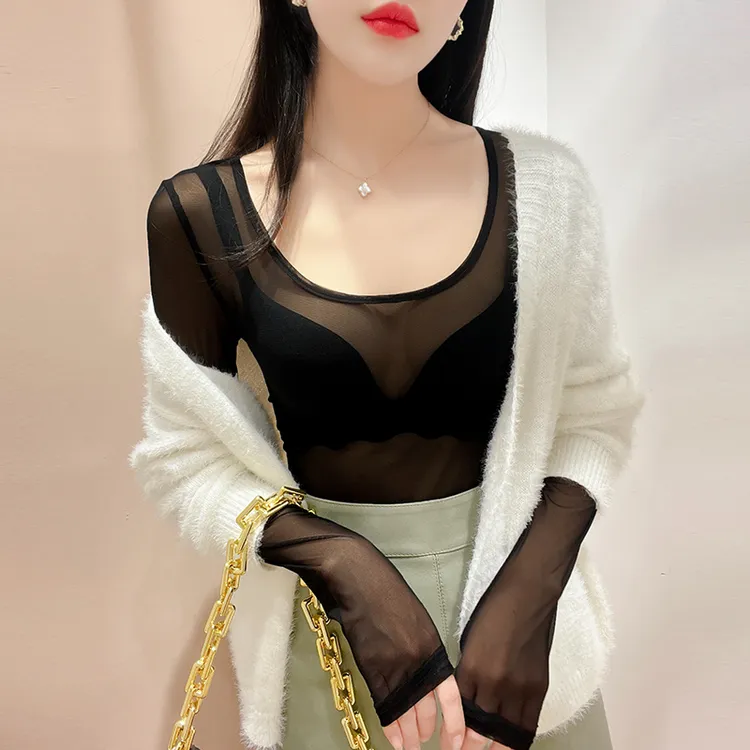 高级感黑色透明蕾丝打底衫女新款洋气内搭大领口冰丝防晒罩衫上衣