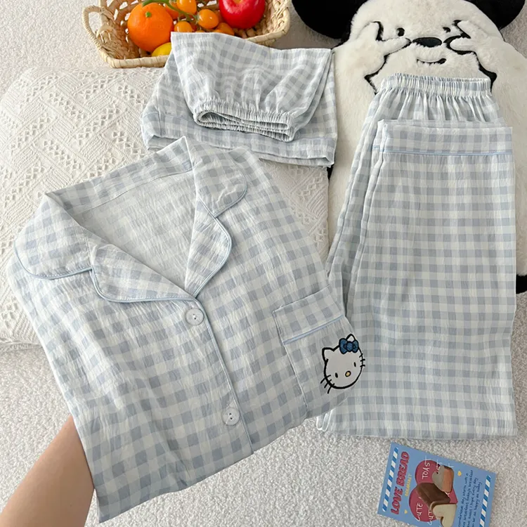 可爱蓝格凯蒂猫云朵棉睡衣女款夏季短袖三件套薄款家居服实拍批发
