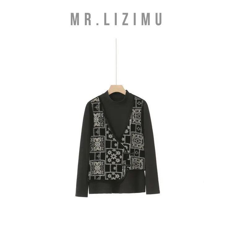 李子木先生时尚气质款国风假两件花卉卫衣2025冬季新款潮牌女装