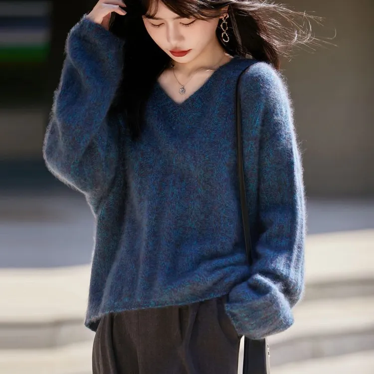 山羊绒拉绒V领羊毛衫女针织衫花纱加厚慵懒风百搭秋冬2025新款DJH